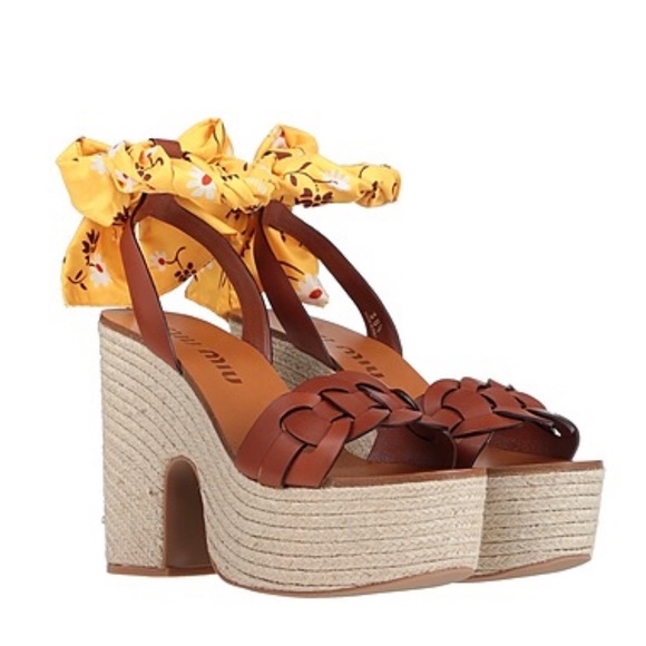 Miu Miu Espadrille Platform Wedges with Yellow Floral Scarf Ties - Picture 3 of 9